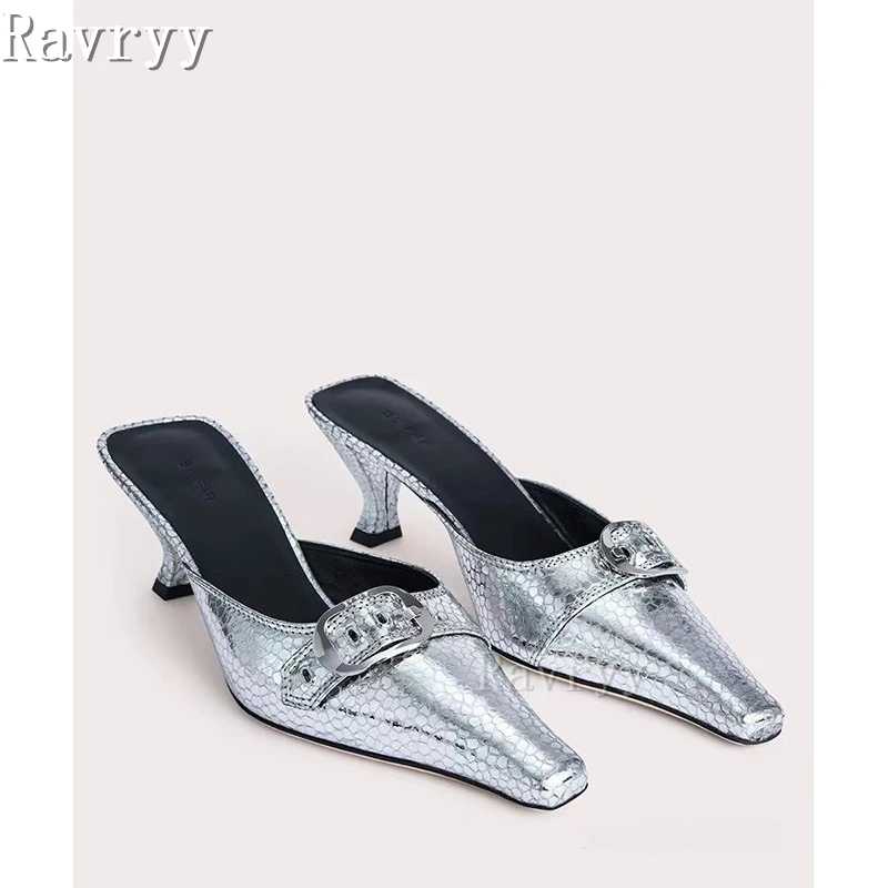 

2023 Spring New Square Toe Slippers Metal Button Thin Heel Fashion Show Runway Shoes Ladies Casual Large Size