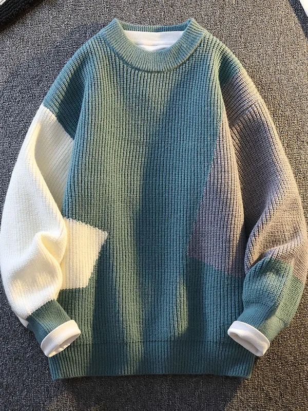 

Men's round Ne Knitted Sweater Winter New Faion Brand Warmth Base Layer Color Blo Casual Sle Polyester Blend Long Sve