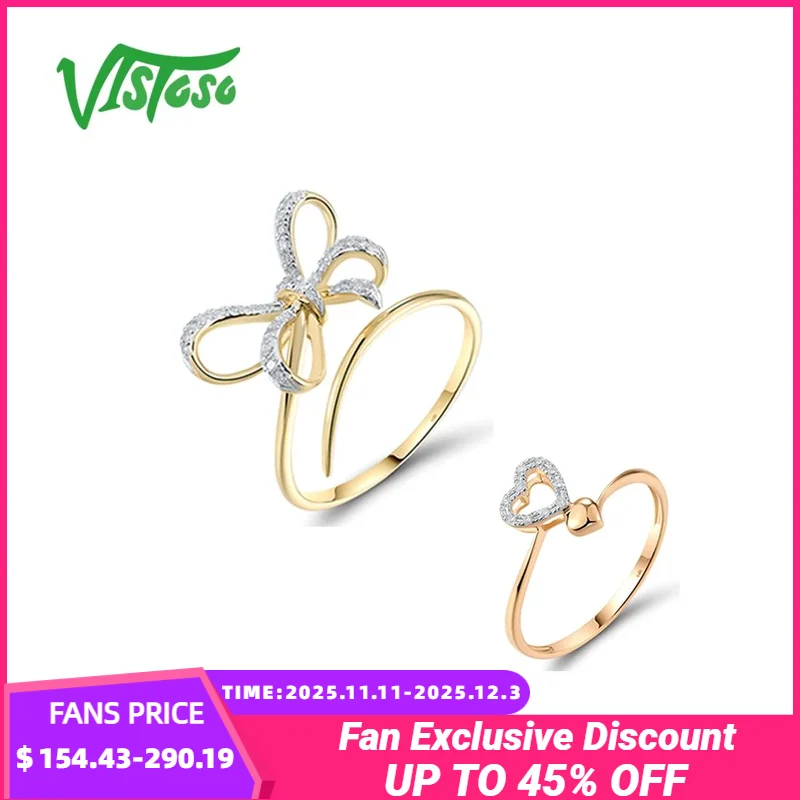 

VISTOSO 14K 585 Yellow Rose Gold Opened Rings For Women Sparkling Diamond Heart & Bowknot Anniversary Wedding Gifts Fine Jewelry