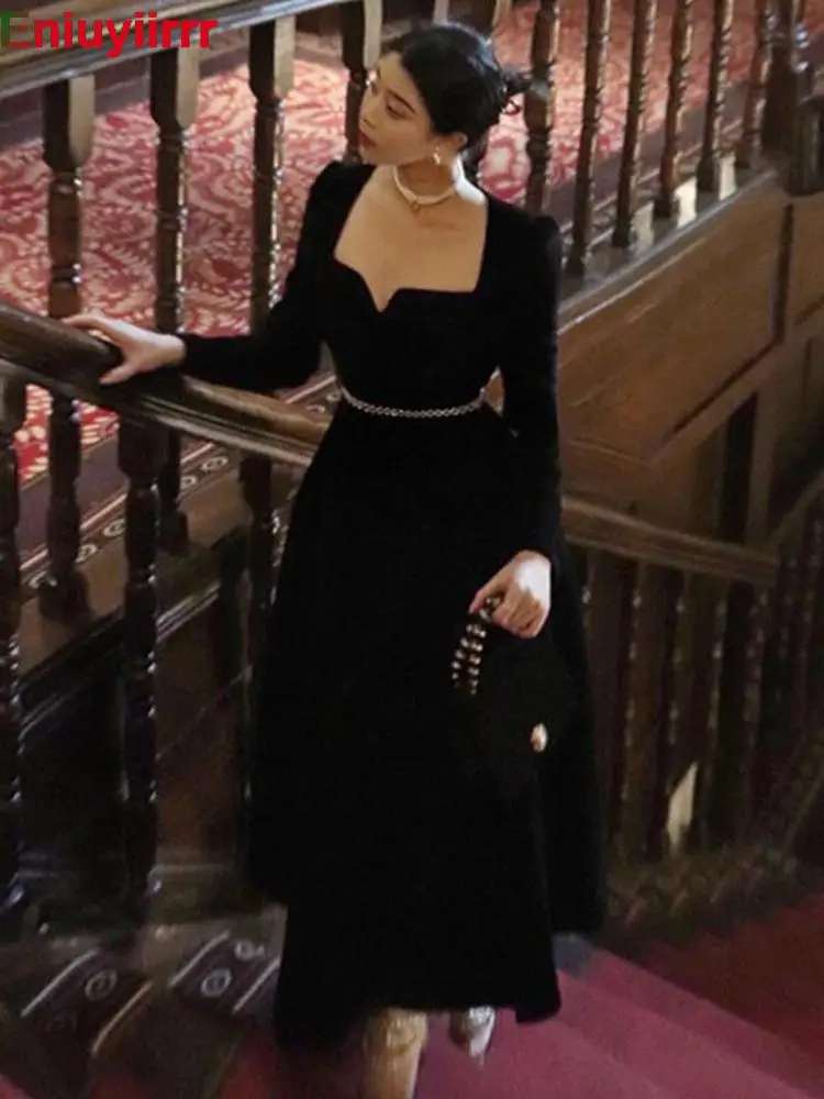 Women 2022 New Year Winter Spring Basic Wear Feminine Vestidos Sexy Square Neck French Black Long Elegant Party Velvet Dress