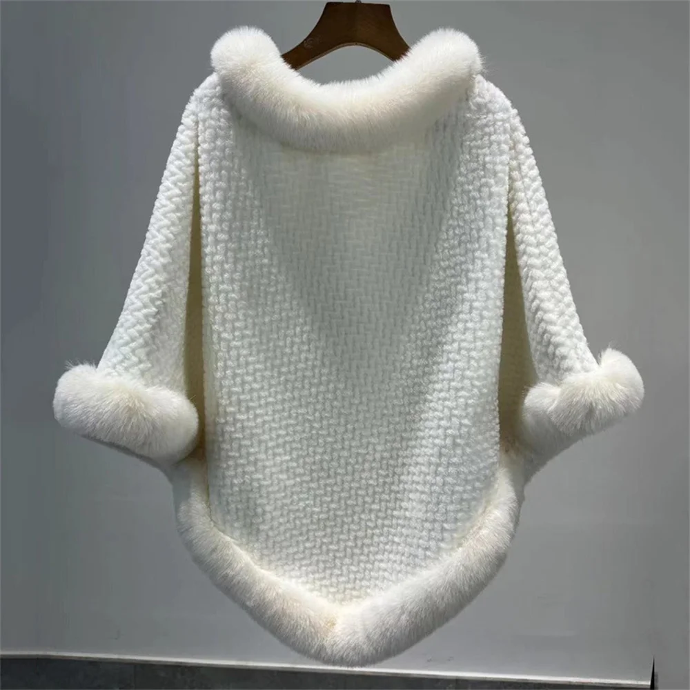 Rabbit Fur Collar Shawl Jacket Women Winter O-Neck Solid Color Striped Fashion Pullover Streetwear Batwing Sleeve Knitted Cape