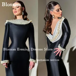 Pearls Long Sleeves Prom Dresses Backless Satin Ankle-length Saudi Luxury Evening Dresses 2024 Formal Wedding Party Gown