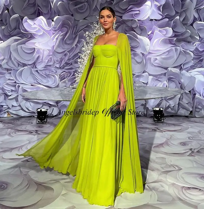 Angelsbridep Long Cape Lemon Yellow Evening Dresses Boat Neck Elegant Chiffon Robe De Soirée Formal Party Prom Gown for Women