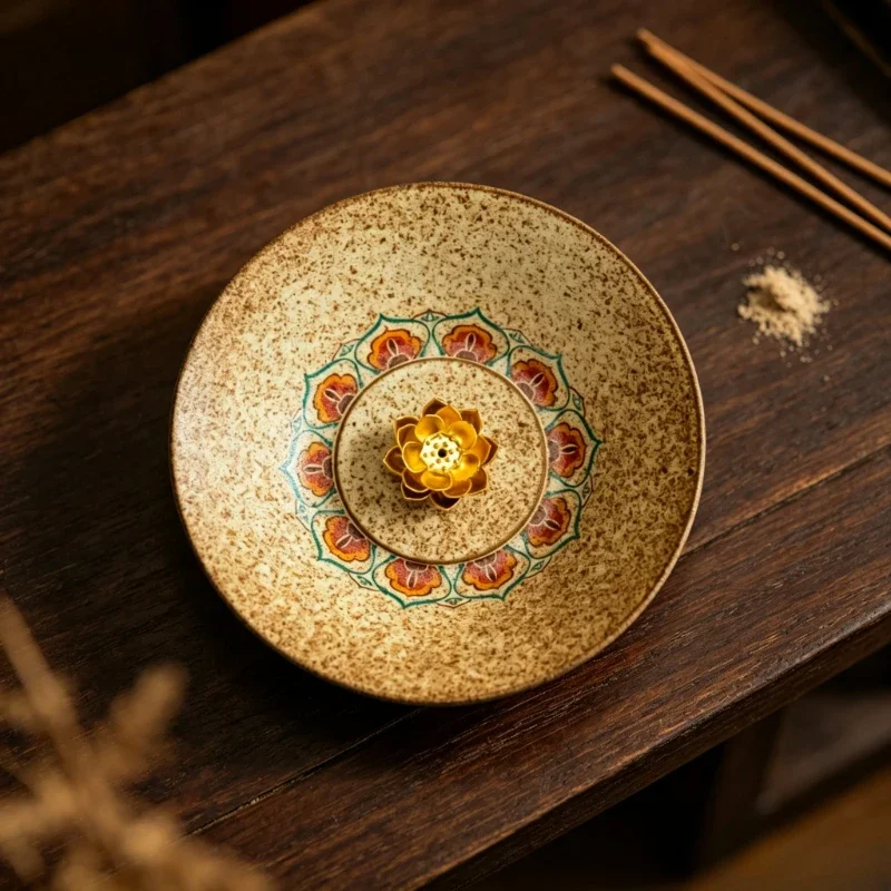 Dunhuang Lotus Incense Holder Tray Ceramic Stick Incense Base Ash‑Catching Plate Zen Aromatherapy Ornament for Home Indoor Use