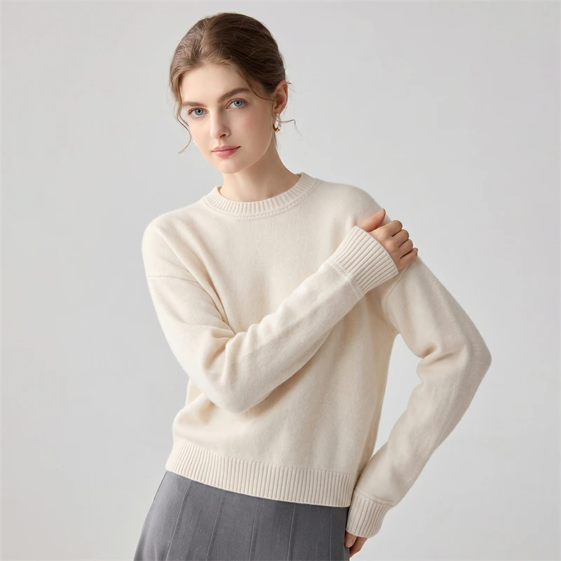 Gentle and minimalist style 100% pure cashmere sweater for women, loose knit pullover with shoulder down design, winter thick an