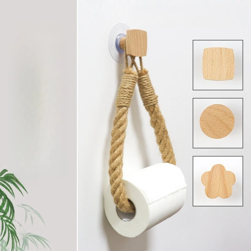 

Hemp Rope Tissue Holder Solid Wood No Drilling Roll Paper Creative Cotton Rope Storage Rack Hand Woven Tissue Box