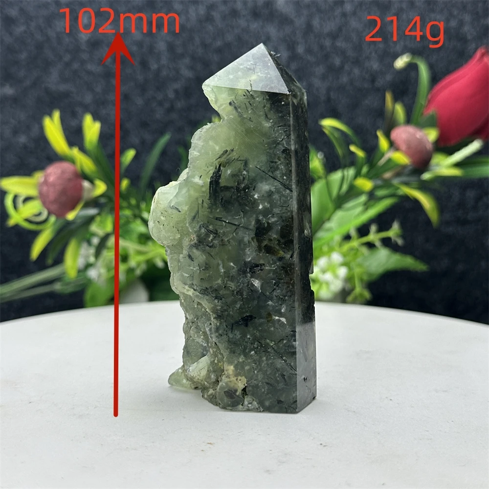 Natural Gem Green Grape Agate & Tourmaline Symbiotic Tower Mineral Specimen Home Room Decoration Crystal Healing Stone Meditatio