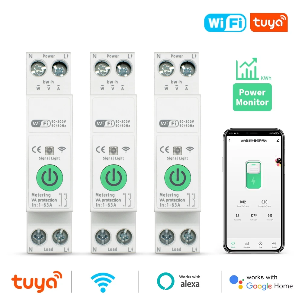 1-63A 1P + N Tuya WiFi Smart Circuit Breaker Interruttore Kwh Relè timer di misurazione MCB Tensione Corrente Proteggi Alexa Google Home 1-10 pezzi
