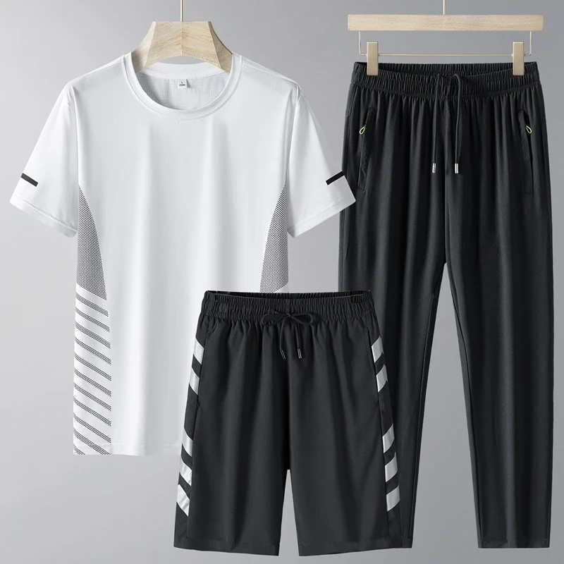 Men's Solid Color Pullover Short Sleeve Round Neck T-shirt with Elastic High Waist Pockets Long Pants Shorts Summer Casual Sets