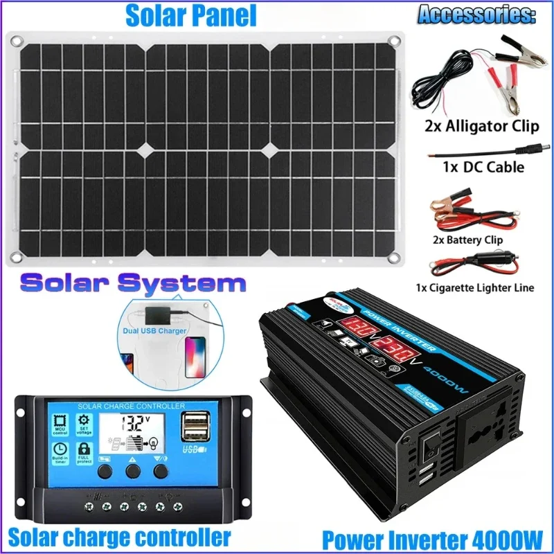 4000W Solar Inverter 600W Solar Power System Solar Panel Battery Charger Complete Kit 100A Controller Car Van Boat Camper