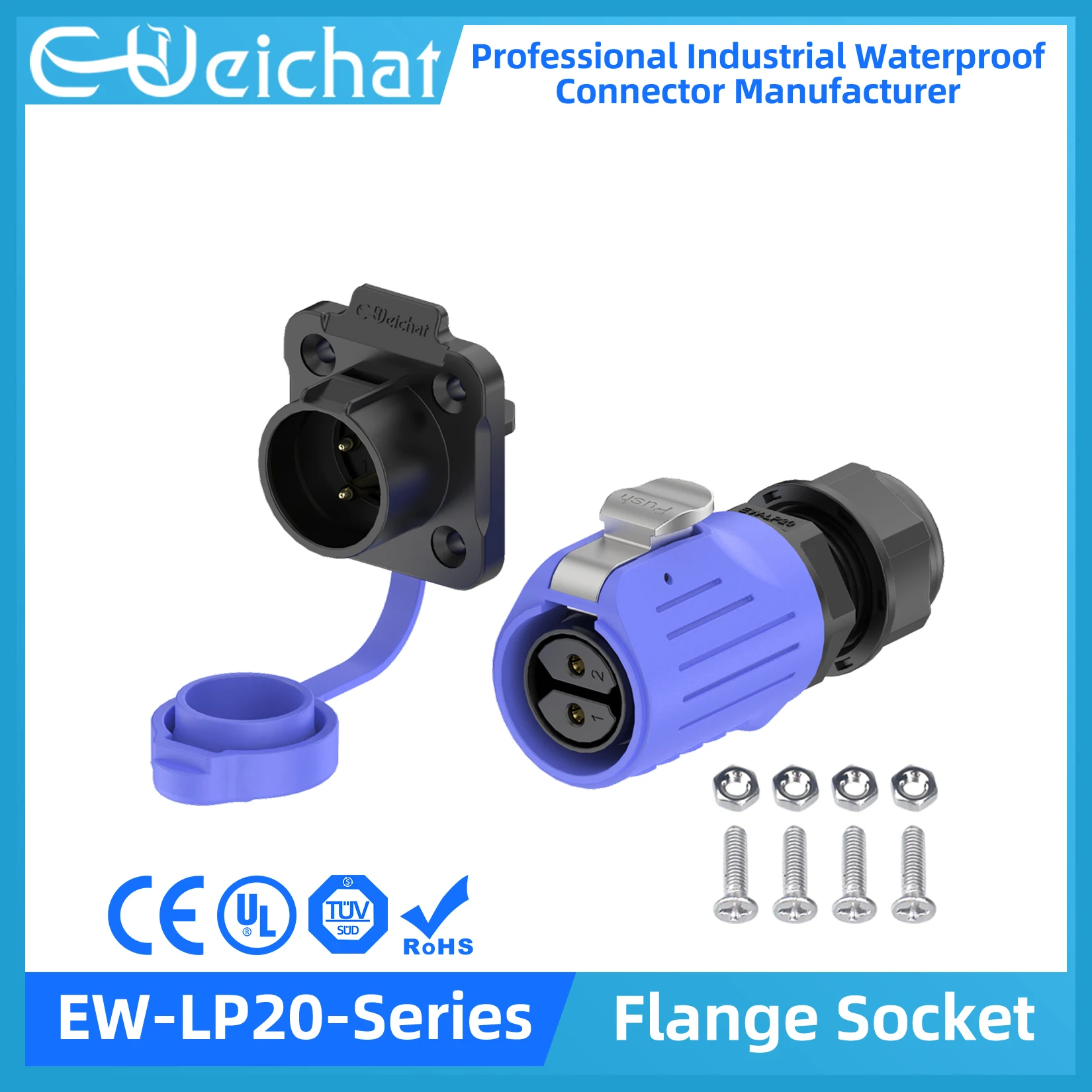 EW-LP20 Waterproof Connector IP68 Industrial Circular Aviation Electrical PBT Plastic Shell Connector M20 2-14 Pin Flange Socket