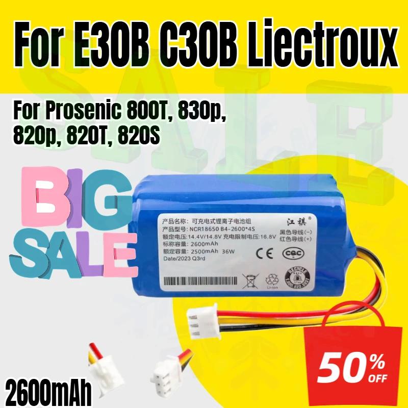 Аккумулятор для Liectroux E30B C30B, Prosenic 800T, 830p, 820p, 820T, 820S, литий-ионный, 14.4В, 14.8В, 2600мАч, для пылесосов