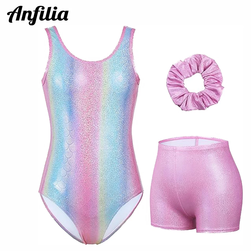 

Anfilia Girls‘ Gymnastics Leotards Classic Round Neck Mesh & Cutout Back With Shorts Ballet Danc Unitards Jumpsuit