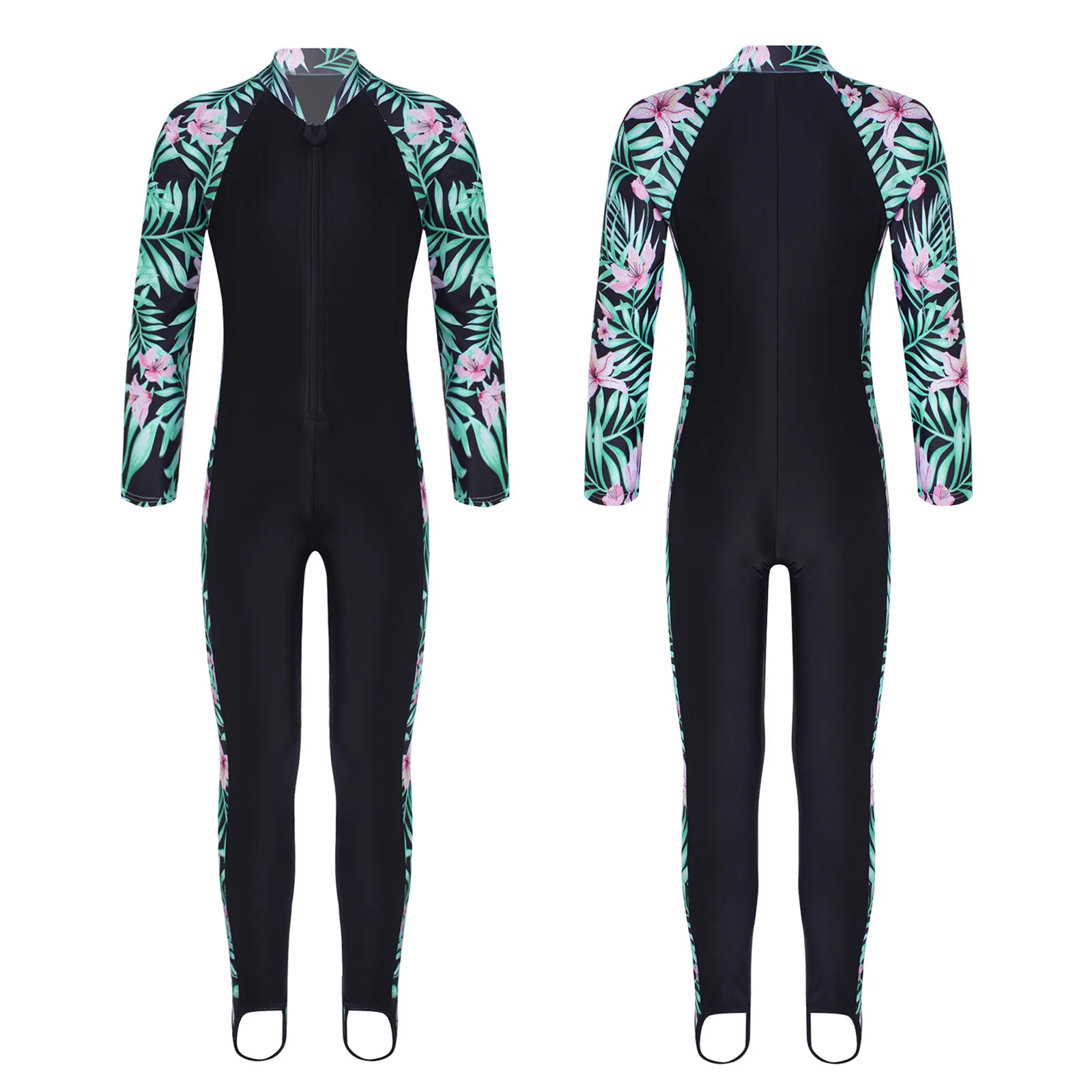 Kids Girls Swimwear Long Sleeves One-piece Flower Printed Zipper Up Rash Guard Jumpsuit Children Swimming Bathing Suit Beachwear