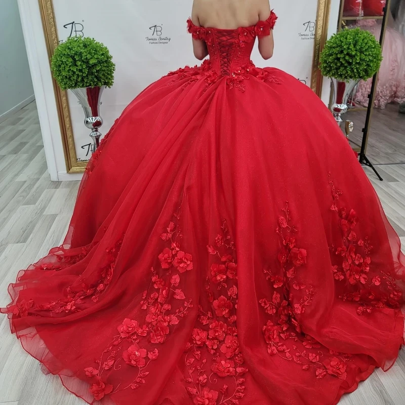 EVLAST Red Shiny Sweetheart Princess Quinceanera Dress 2024 Ball Gown Beads Crystal 3DFlower Sweet 16 Vestido De 15 Años TQD040