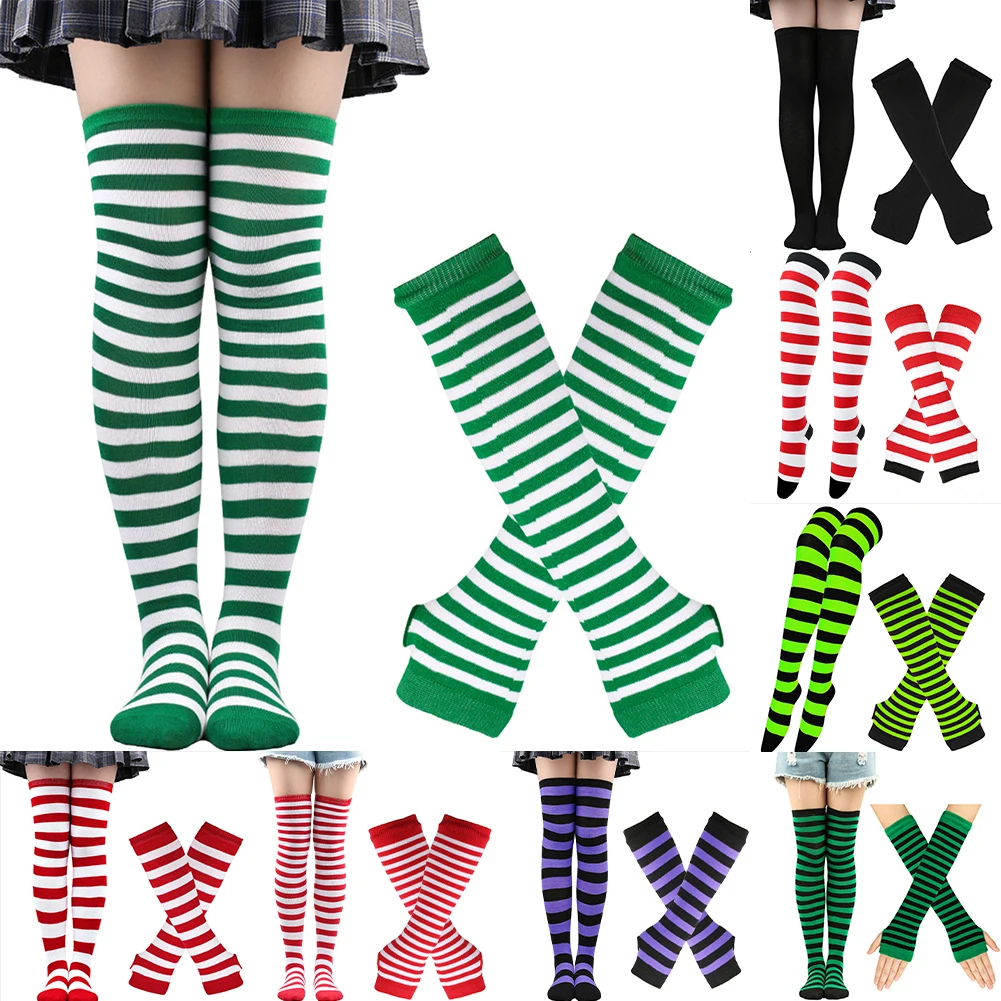 

Women Classic Striped Christmas Elastic Stocking Gloves Sock Set High Overknee Cosplay Party Lounge Thermal Comfortable Socks