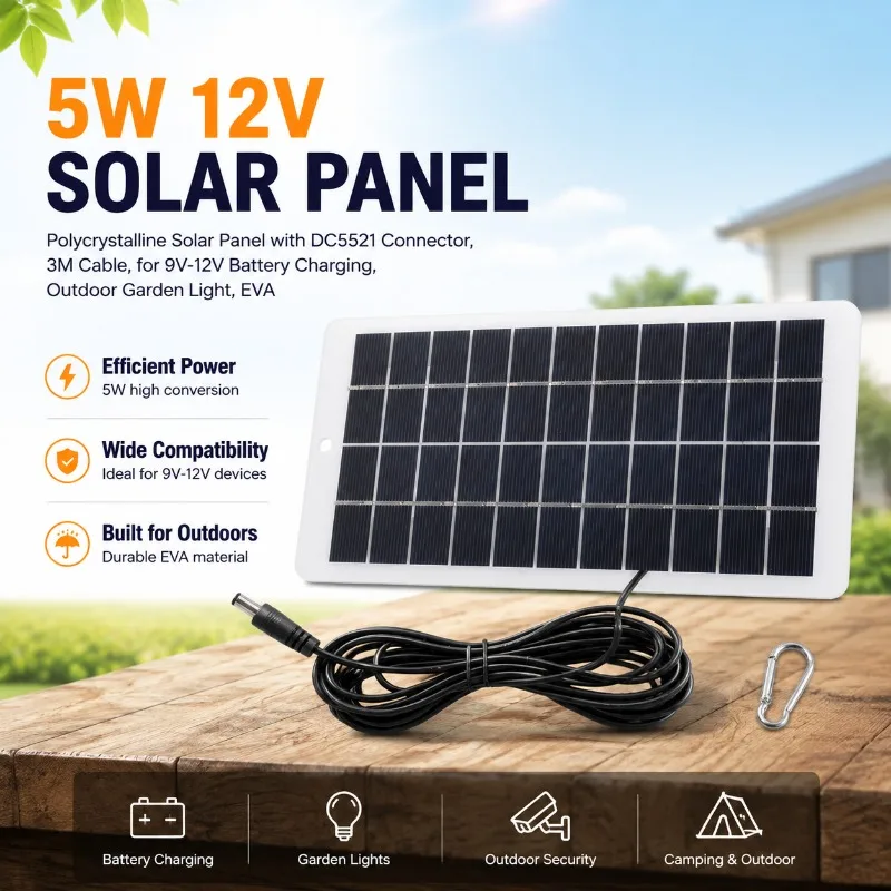 5W 12V Polycrystalline Solar Panel with DC Port Support 9V-12V Battery Charging Photovoltaic Power Module for Outdoor Courtyard