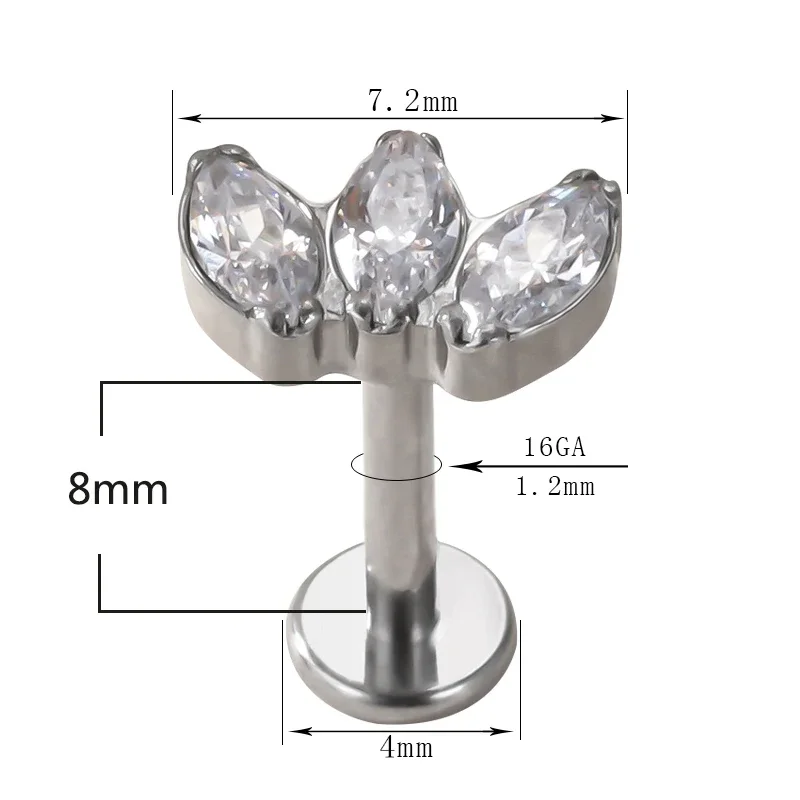 G23 Titanium EAR PIERC RING 3 Zircon Paved Top Labret  EARRING Ear Cartilage Tragus Helix Piercing Lip Ear Studs Body Jewelry