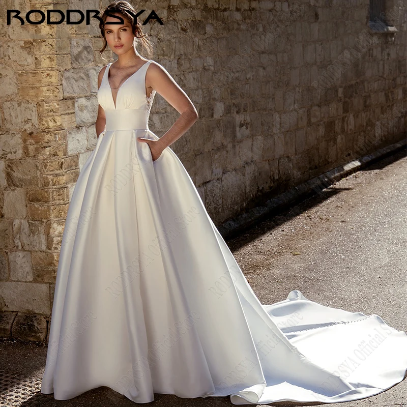 RODDRSYA Vestido de novia con aleta de ilusión de bolsillo con botones, parte posterRODDRSYA-vestidos de novia de satén con bolsillo, apliques de ilusión, botones, espalda, Túnica de novia, bohème Civil, hecho a medida