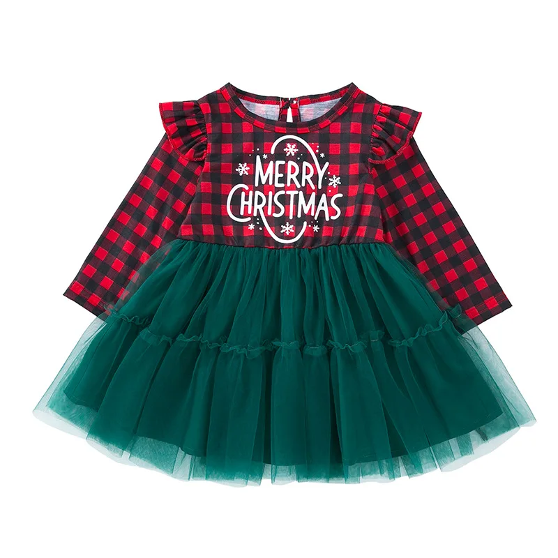 

Christmas Girls' New Checkered Letter Printed Flying Sleeve Mesh Patchwork Sweet and Cute Holiday Party Princess Dress