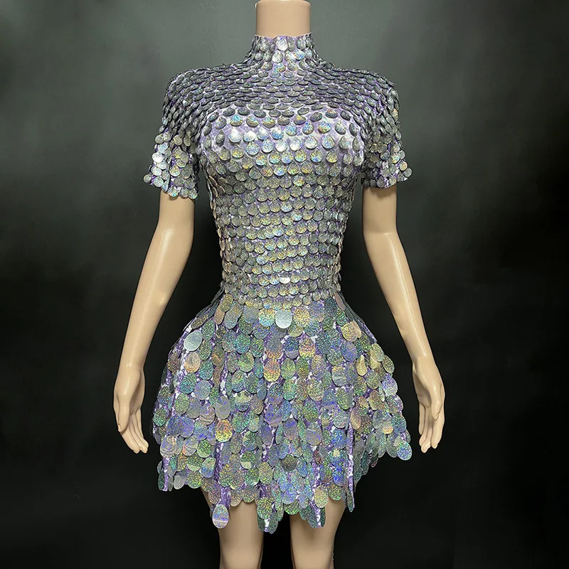 

Costume New Shining Purple Round Sequins Waist Design Zipper Short Gala Party Evening Dress Women Dresses For Party And Wedding