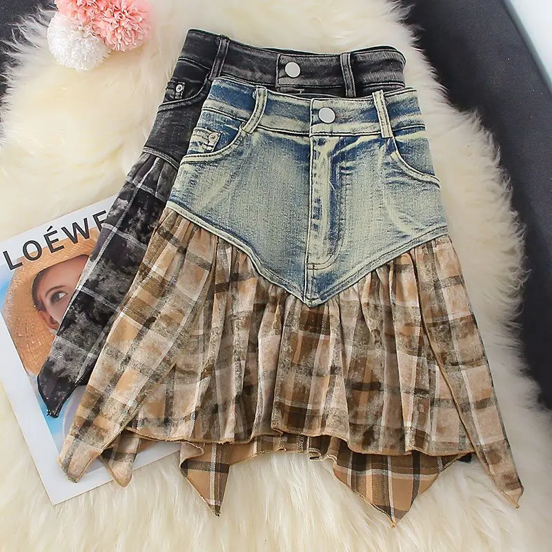 New Sexy Denim Asymmetrical Skirt Plaid Womens Summer Vintage Jeans Skirt High Waist Women Mini With Inner Shorts Skirt Korean