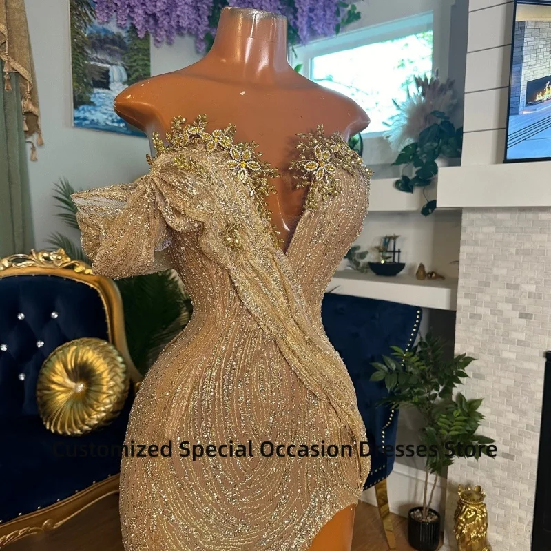 Vestidos de Noche de sirena color champán, un hombro, cuentas, diamantes de imitación de cristal, vestido Formal largo, vestidos de fiesta elegantes con cordones personalizados