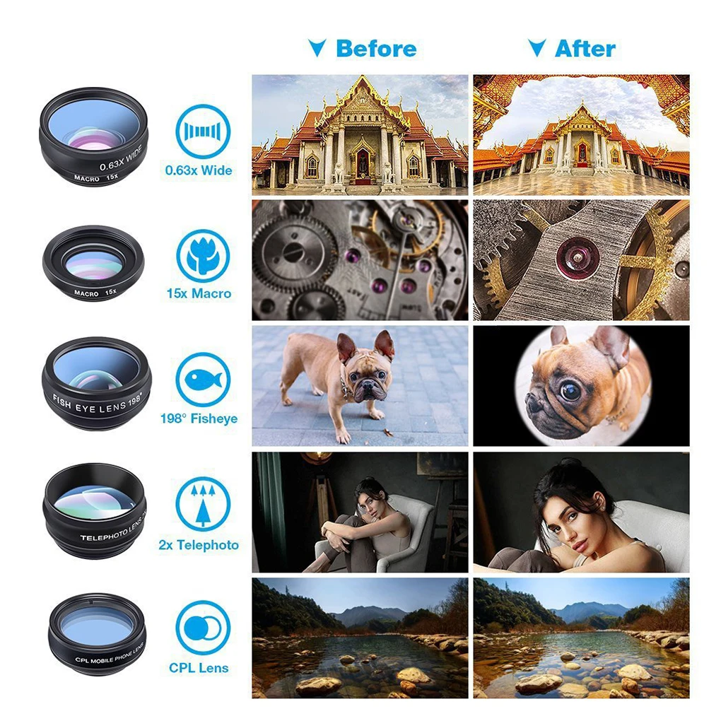 10 in 1 Fisheye Wide Angle Telescope Phone lens kit Macro Camera Lens Filter telescope Lens Fisheye Lens for Smartphone