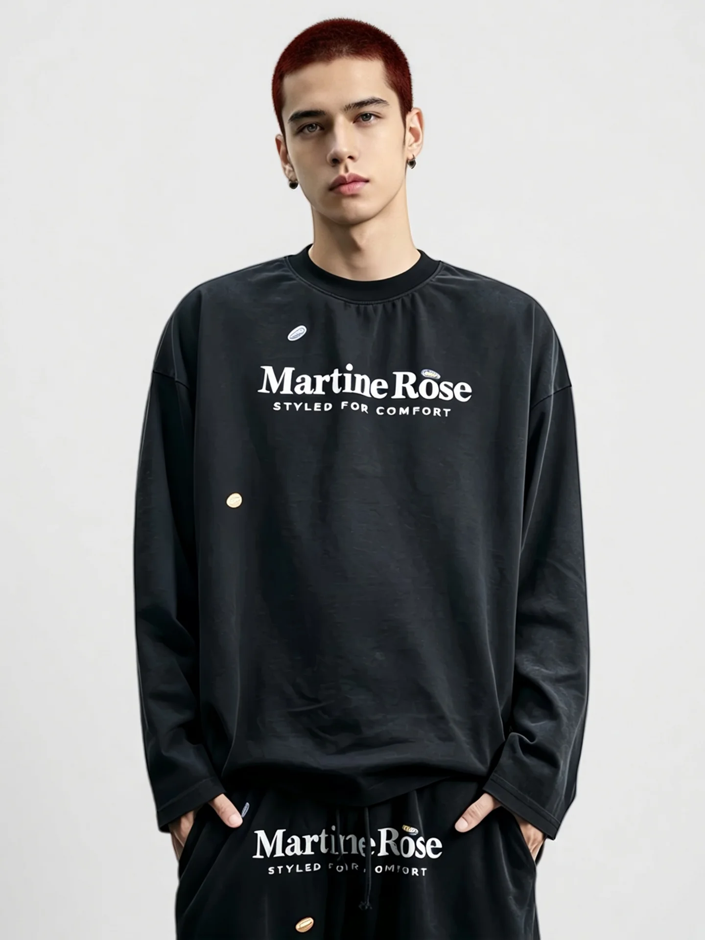 Martine Rose Autumn Winter Washed Letter Print Vintage Color Sticker Long Sleeve Loose Unisex round Neck Top Cotton Shoulder