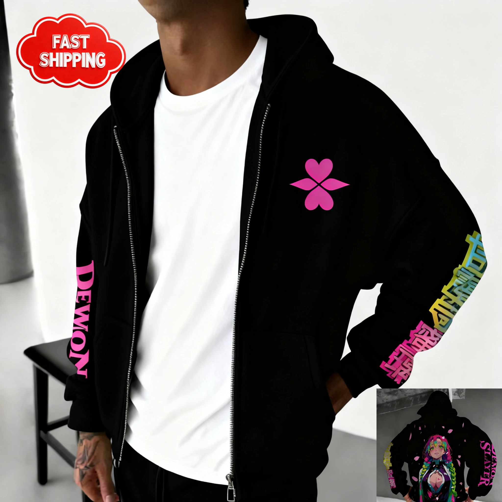 Kimetsu No Yaiba Rengoku Sudadera con capucha con cremallera Demon Slayer Anime Sudadera de algodón de gran tamaño hombres mujeres suelta comodidad Unisex Casual ​