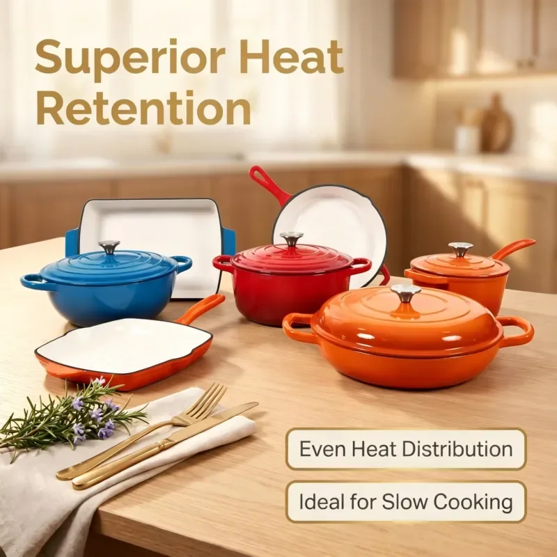 OEM Fashion Design 11-piece Set Smooth Enamel Surface Durable Fast Heat Conduction Cast Iron Non-Stick Cookware Set