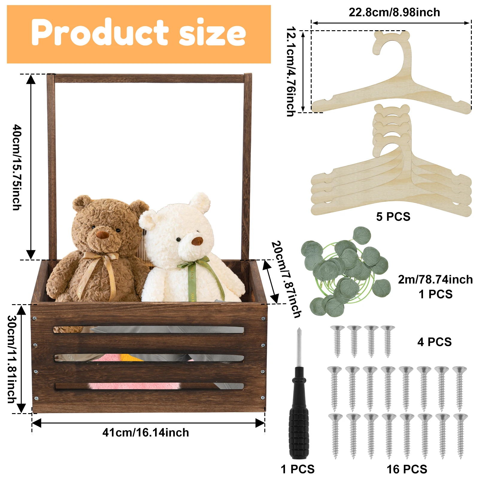 Baby Shower Crate Closet Thickened Wood Baby Shower Basket with Handle Hollow Out Baby Storage Crate with 5 Hangers and Wreath