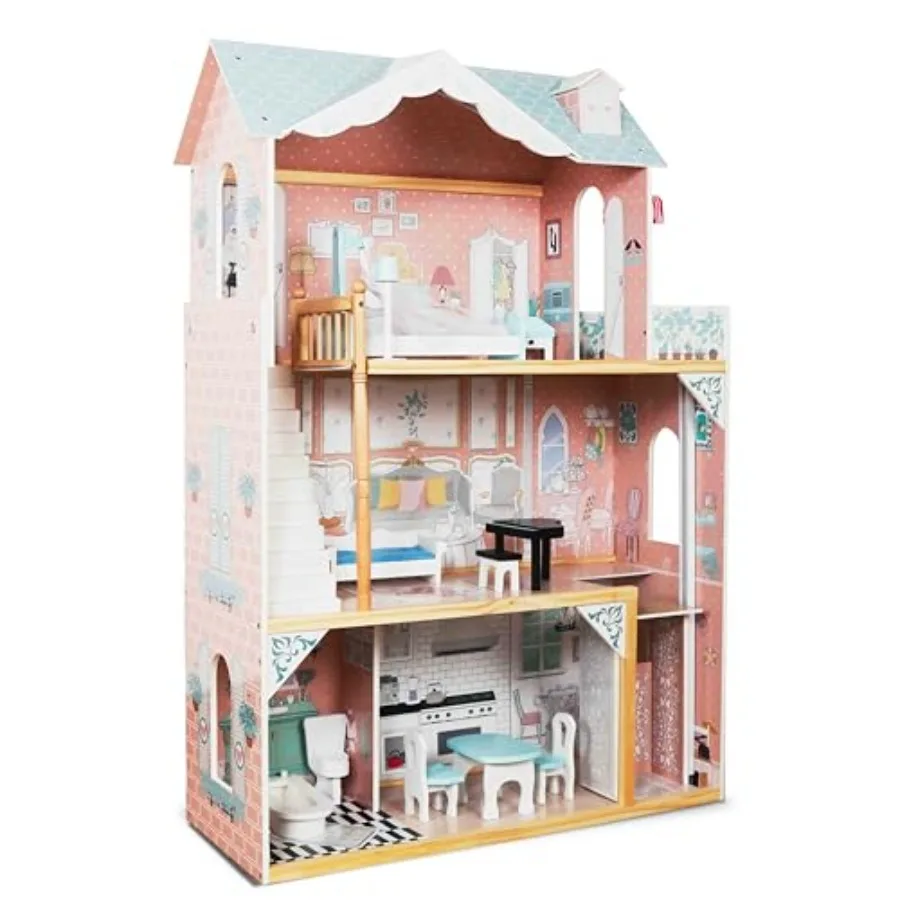 

wooden dollhouse for indoor play, natural wood tone, includes elevator, balcony, stairs, furniture and accessories, 3-story x-l