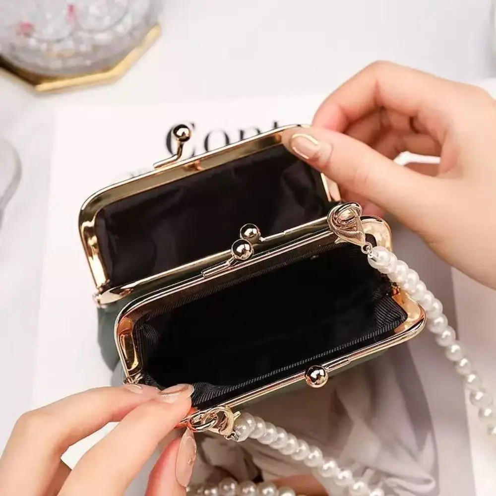 Double Layer Mini Crossbody Bag Pearl Chain Detachable Strap Shoulder Bag Clip Frame PU Leather Tiny Handbag For Dating Gift