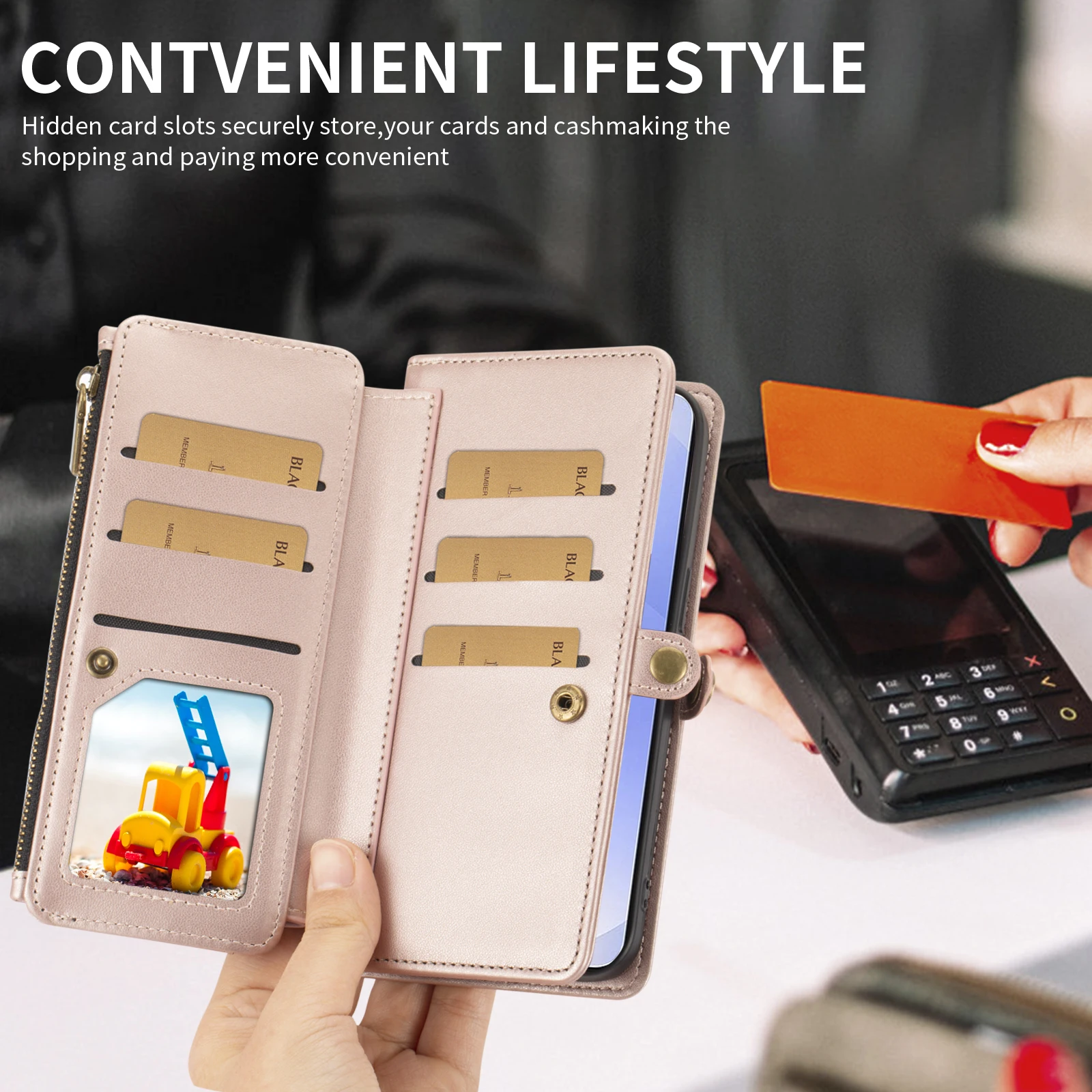 Handyhülle im Wallet-Stil für Samsung A17/A16/A15/A14/A13/A26/A36/A55/A56/A57 mit Umhängegurt, mehreren Kartenfächern und Münzfach, Handyhülle aus Kunstleder – Detail 9