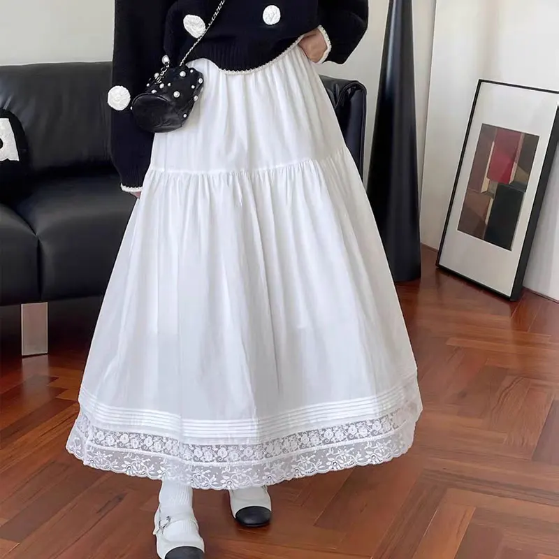 

Basic Solid Color Lace Patchwork Long Skirts Spring Summer Aura Korean Women's Clothing High Waist Elastic Stylish Folds Skirts