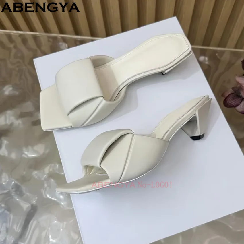 Summer Square Toe Leather Slides High Heels Slippers Women Slip On Loafers Sexy Dress Shoes For Woman Runway Sandalias Mujer