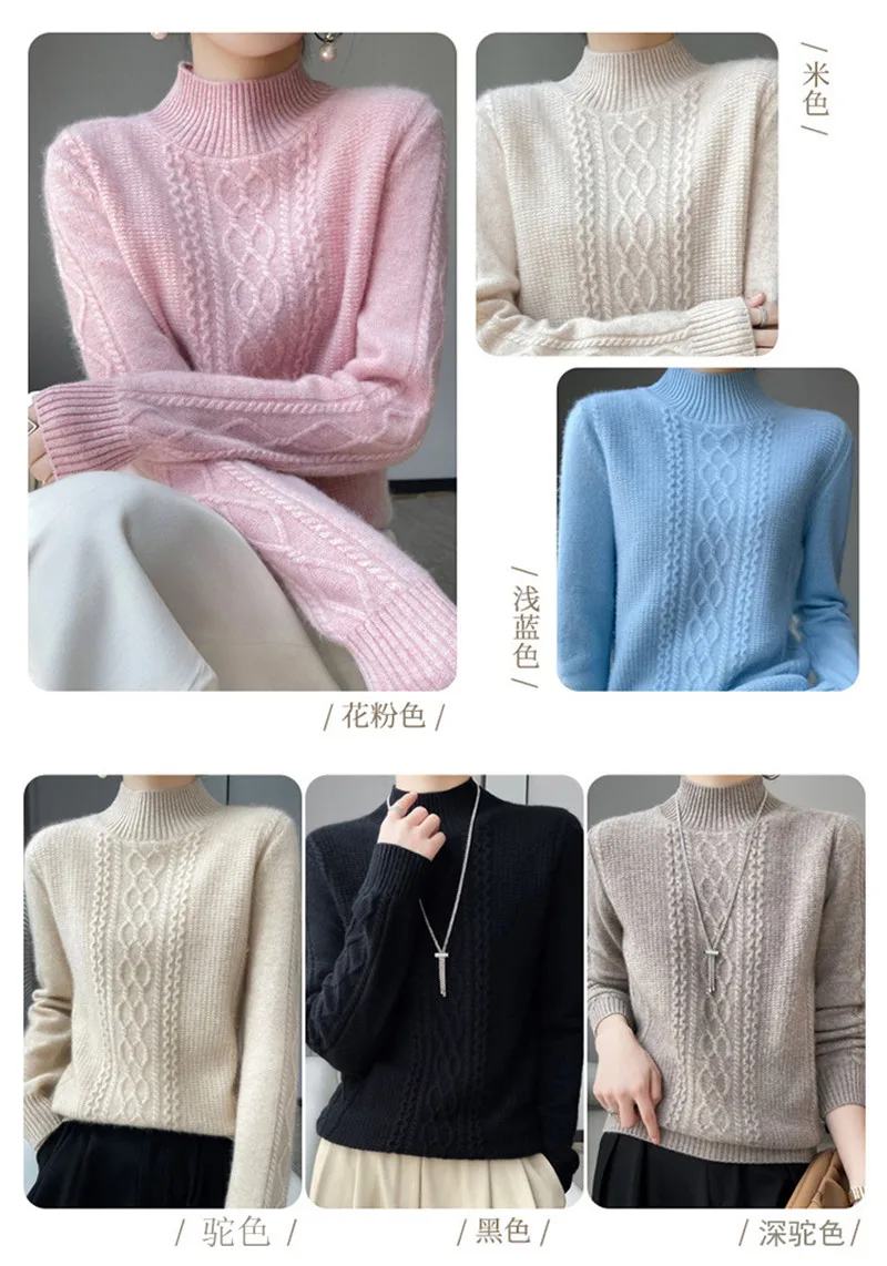 Neue Frühjahr Gestrickte Pullover Halb Hohen Kragen Lose Dicke Warme Pullover Für Frauen Vintage Wolle Herbst Winter Mutter Bodenbildung Top – Detail 1