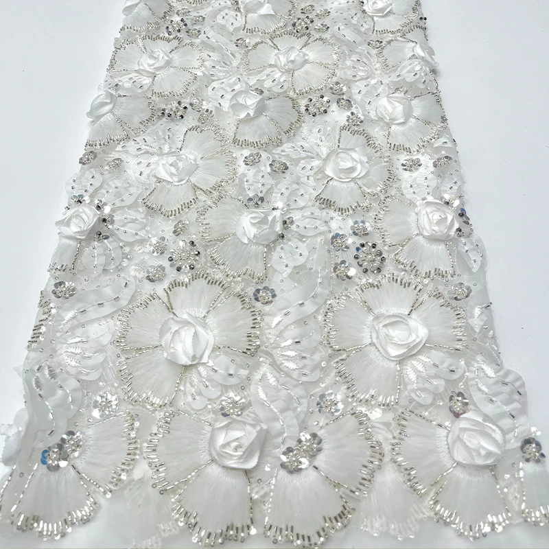 Malla de encaje de lujo francés, lentejuelas rosas tridimensionales africanas, lentejuelas, vestido de tela de encaje bordado de alta calidad