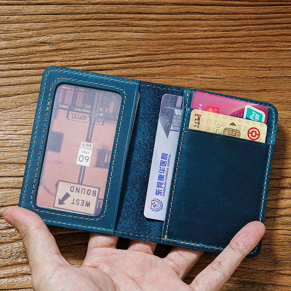 Men's Vintage Crazy Horse Leather Card Holder - Slim Short Wallet for IDs & Cards, Multi-Functional Top GrainUltra-Thin Case