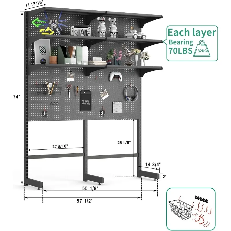 DDB Gaming Pegboard Standing Shelf Units, Modular Pegboard and Shelf System with 15 Pieces Organizer Tool Holders