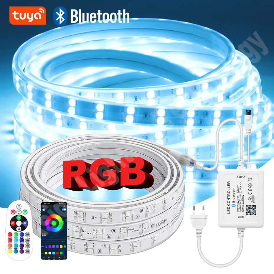 220V Dimmable RGB LED Strip Lights 96LEDs/M Double Row Light LED Tape Waterproof IP67 IR Remote /Bluetooth /Tuya WiFi Control