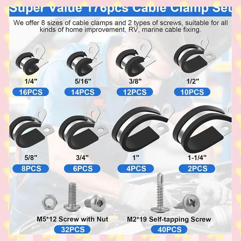 

AB51 176Pcs Cable Clamps Set, 8 Sizes Rubber Insulated Clamps With 72Pcs Screws, For Wire Cord Automotive Installation