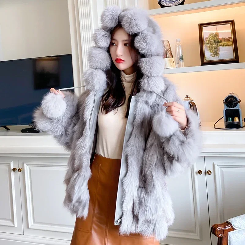 Real Fox Fur Coat Vintage Elegant Hooded Female Jacket Autumn Winter Women's Jacket 2024 Women's Coats Casacos Feminino Zjt1223