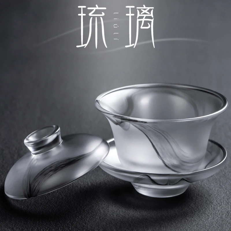 Chinese Ink Gaiwan Large Capacity Ink Glass Covered Bowl - Tianquan Thickened Kung Fu Tea Bowl High Grade Exquisite Tea Set