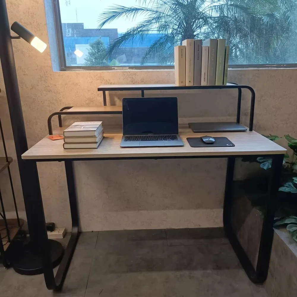 Modern Wooden Computer Desk with Bookshelf Black Metal Frame Office Study Table Suitable for Work Space