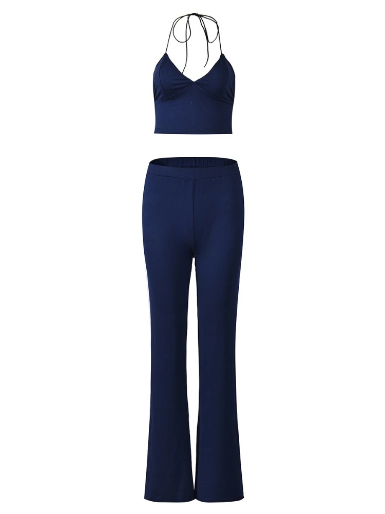 SsTss مثير الخريف الزي بلون المرأة مجموعة شيك العميق الخامس الرسن الرقبة أكمام المحاصيل كامي الأعلى والسراويل الطويلة مضيئة 2 قطعة مجموعة