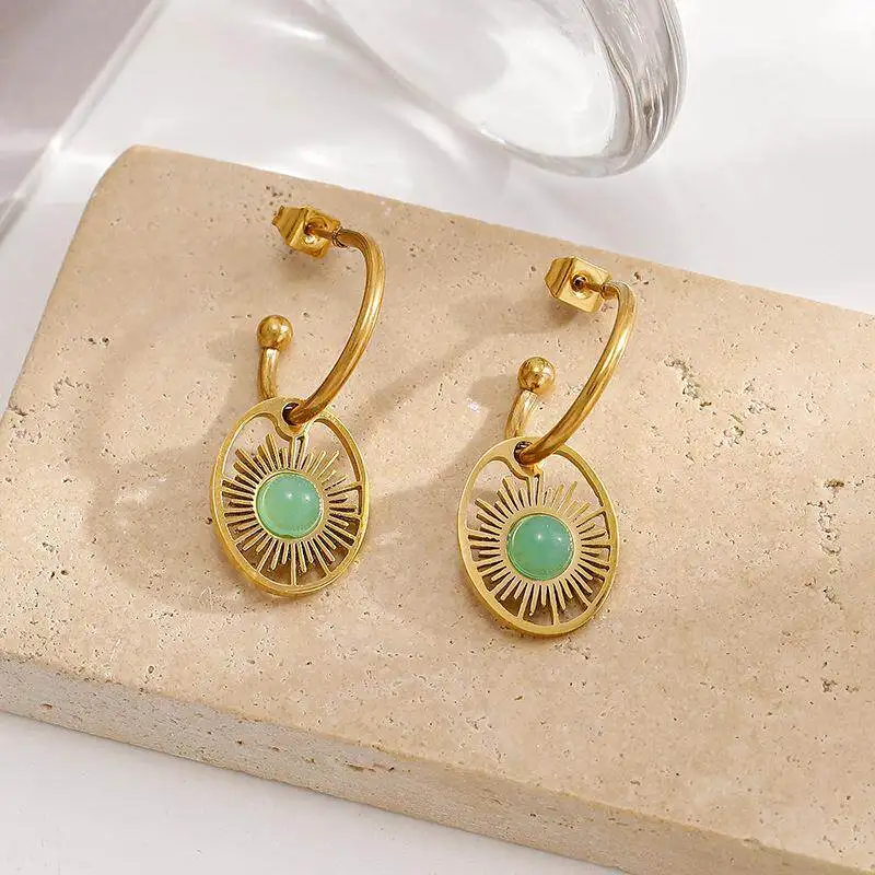 

Geometric Sunflower Earrings Women's Luxury Minimalist Green Turquoise Stainless Steel Dangle Jewelry Cross-Border Earring