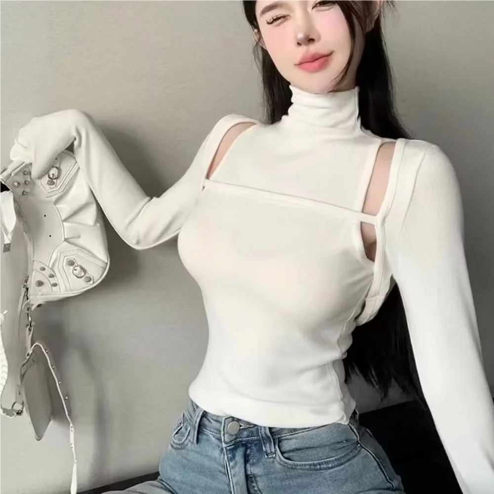 Sexy long sleeve top white korean fashion halter top cropped 2 pieces sets Fall outfits women t shirts sexy crop top turtleneck