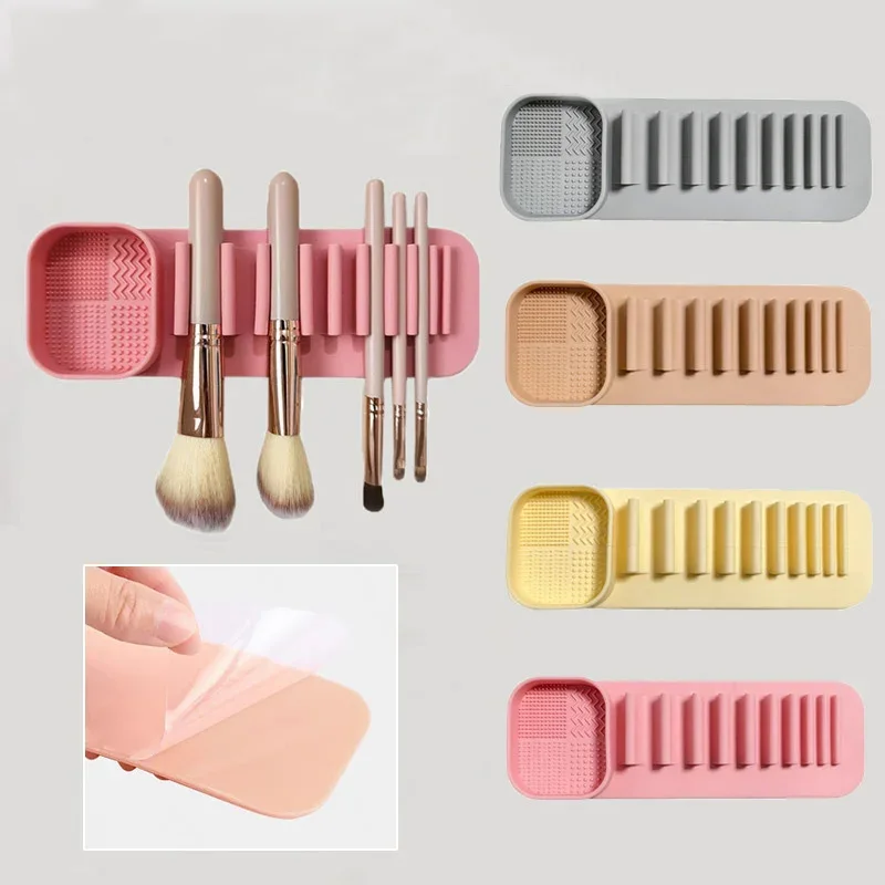 New Wall-Mounted Silicone Makeup Brush Holder, With Cleaning Pad, Strong Suction Makeup Organizer for Mirror, Smooth Surfaces
